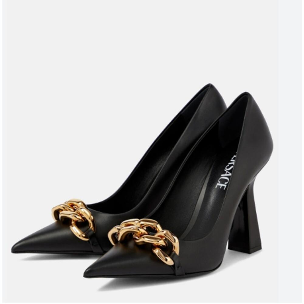 Versace Medusa Embellished Black Chain Pumps (Size 40)
